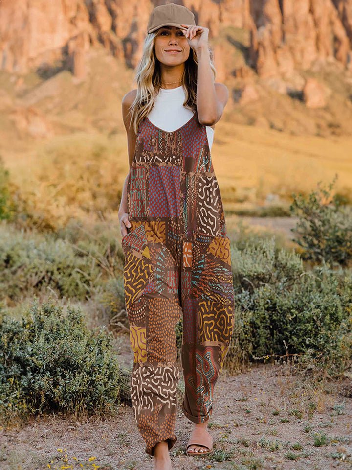 Full Size Printed V-Neck Sleeveless Jumpsuit.