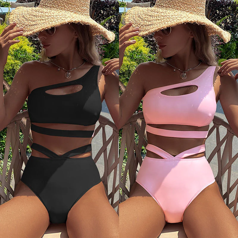 2023 New Swimsuit Solid Color One-shoulder Split Swimsuit High Waist Thong Swimsuit Women  2 Colors